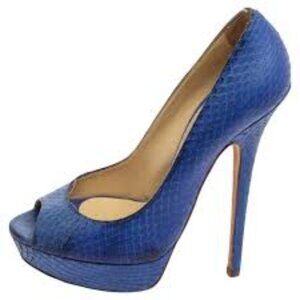 Jimmy Choo Luna Platform Textured Blue Peep Toe Heels Women Size 7.5